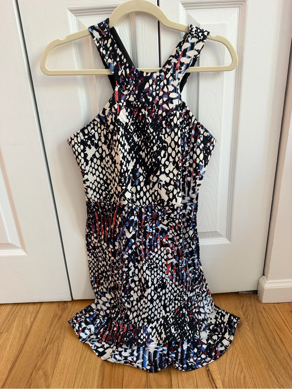 Parker White Black Abstract Print Mini Dress with Blue and Red Accents